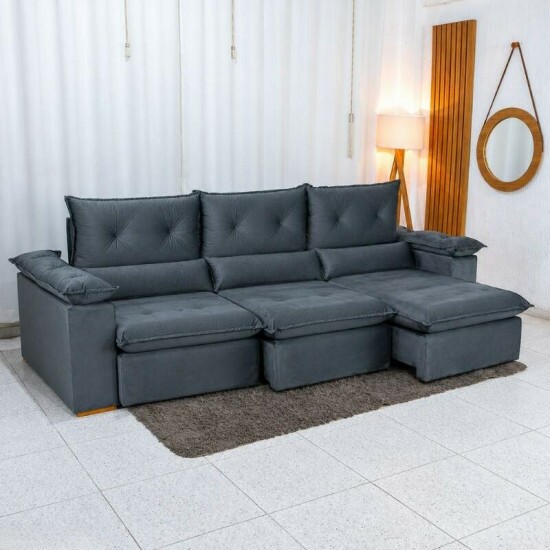 Sof� Retr�til Reclin�vel Dubai 2,90m Veludo Cinza 20