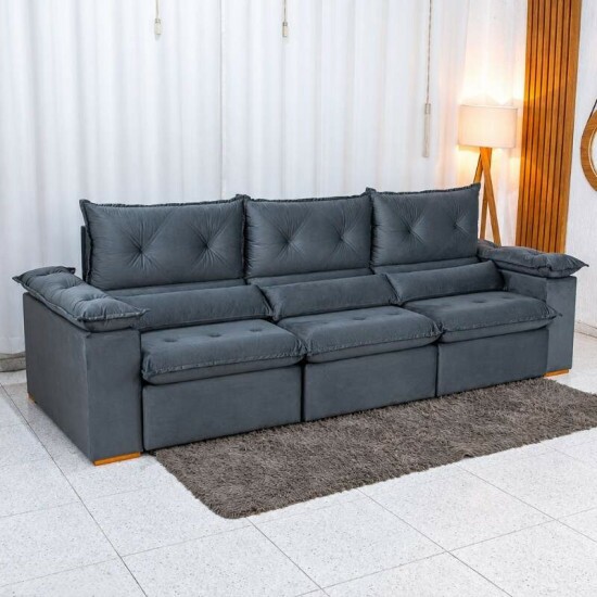 Sof� Retr�til Reclin�vel Dubai 2,90m Veludo Cinza 20