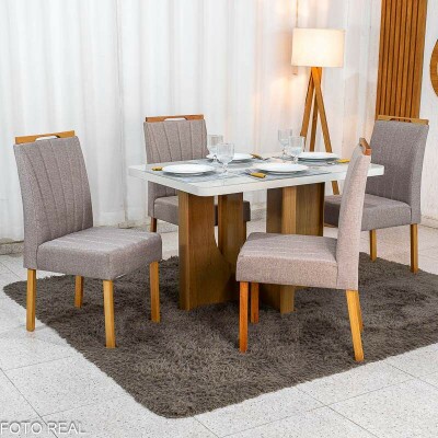 Mesa de Jantar Dora 120x80 Vidro Off Base MDF Cinamomo - Valdem�veis + 4 Cadeiras Gabi Linho Marrom Estrutura Madeira Bom Lar - Entregue Montada