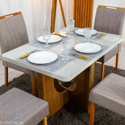 Mesa de Jantar Dora 120x80 Vidro Off Base MDF Cinamomo - Valdem�veis + 4 Cadeiras Gabi Linho Marrom Estrutura Madeira Bom Lar - Entregue Montada