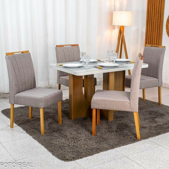 Mesa de Jantar Dora 120x80 Vidro Off Base MDF Cinamomo - Valdem�veis + 4 Cadeiras Gabi Linho Marrom Estrutura Madeira Bom Lar - Entregue Montada