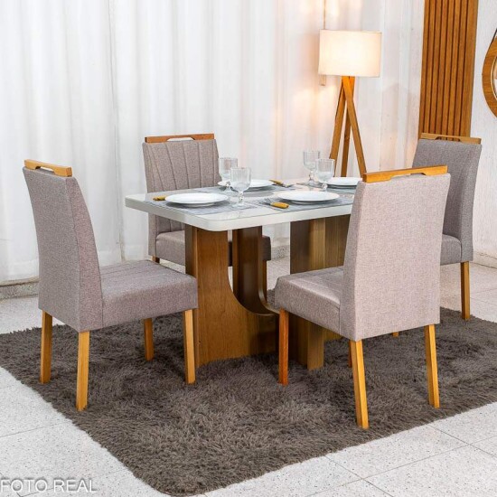 Mesa de Jantar Dora 120x80 Vidro Off Base MDF Cinamomo - Valdem�veis + 4 Cadeiras Gabi Linho Marrom Estrutura Madeira Bom Lar - Entregue Montada