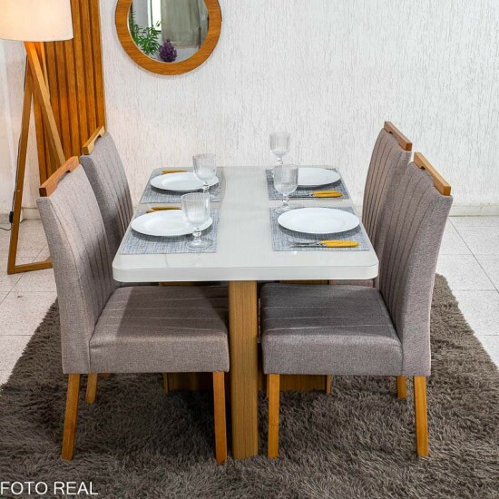 Mesa de Jantar Dora 120x80 Vidro Off Base MDF Cinamomo - Valdem�veis + 4 Cadeiras Gabi Linho Marrom Estrutura Madeira Bom Lar - Entregue Montada