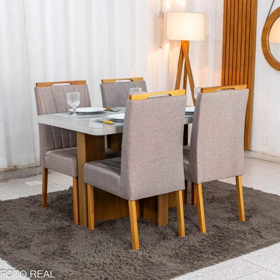 Mesa de Jantar Dora 120x80 Vidro Off Base MDF Cinamomo - Valdem�veis + 4 Cadeiras Gabi Linho Marrom Estrutura Madeira Bom Lar - Entregue Montada