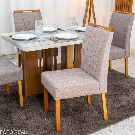 Mesa de Jantar Dora 120x80 Vidro Off Base MDF Cinamomo - Valdem�veis + 4 Cadeiras Gabi Linho Marrom Estrutura Madeira Bom Lar - Entregue Montada