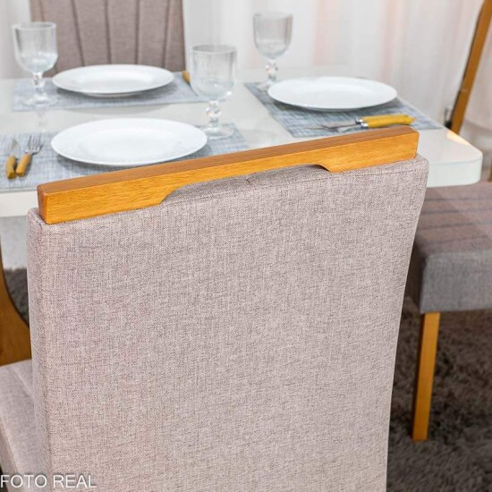 Mesa de Jantar Dora 120x80 Vidro Off Base MDF Cinamomo - Valdem�veis + 4 Cadeiras Gabi Linho Marrom Estrutura Madeira Bom Lar - Entregue Montada