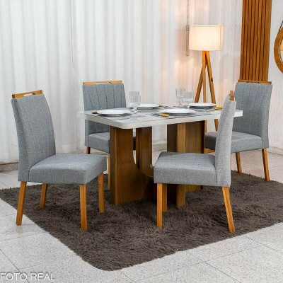 Mesa de Jantar Dora 120x80 Vidro Off Base MDF Cinamomo - Valdem�veis + 4 Cadeiras Gabi Linho Cinza Estrutura Madeira Bom Lar - Entregue Montada