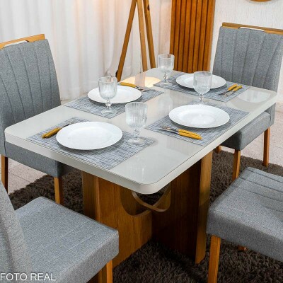 Mesa de Jantar Dora 120x80 Vidro Off Base MDF Cinamomo - Valdem�veis + 4 Cadeiras Gabi Linho Cinza Estrutura Madeira Bom Lar - Entregue Montada