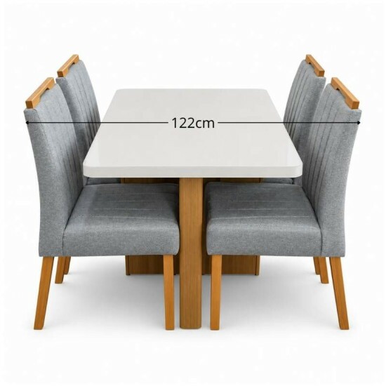 Mesa de Jantar Dora 120x80 Vidro Off Base Cinamomo Valdem�veis + 4 Cadeiras Gabi Linho Cinza Estrutura Madeira Bom Lar - Entregue Montada