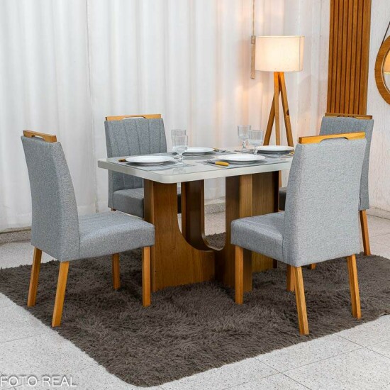 Mesa de Jantar Dora 120x80 Vidro Off Base Cinamomo Valdem�veis + 4 Cadeiras Gabi Linho Cinza Estrutura Madeira Bom Lar - Entregue Montada