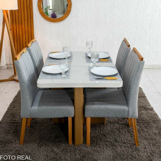 Mesa de Jantar Dora 120x80 Vidro Off Base Cinamomo Valdem�veis + 4 Cadeiras Gabi Linho Cinza Estrutura Madeira Bom Lar - Entregue Montada