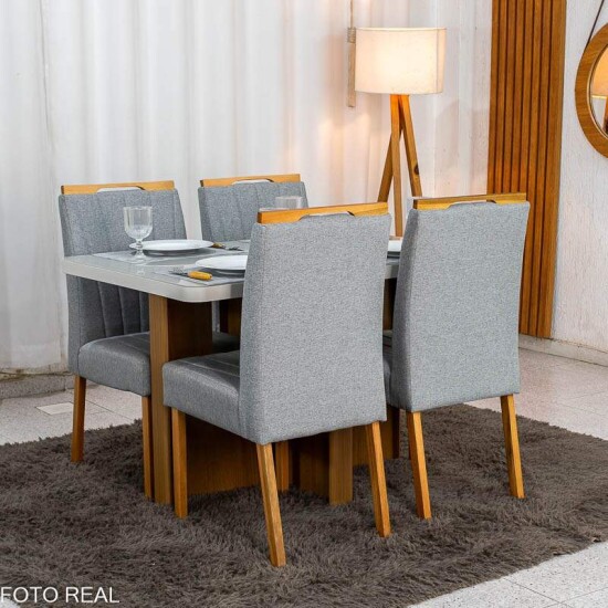Mesa de Jantar Dora 120x80 Vidro Off Base Cinamomo Valdem�veis + 4 Cadeiras Gabi Linho Cinza Estrutura Madeira Bom Lar - Entregue Montada