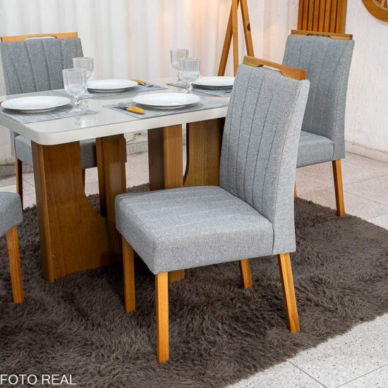 Mesa de Jantar Dora 120x80 Vidro Off Base Cinamomo Valdem�veis + 4 Cadeiras Gabi Linho Cinza Estrutura Madeira Bom Lar - Entregue Montada