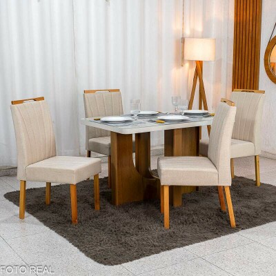 Mesa de Jantar Dora 120x80 Vidro Off Base MDF Cinamomo - Valdem�veis + 4 Cadeiras Gabi Linho Bege Estrutura Madeira Bom Lar - Entregue Montada