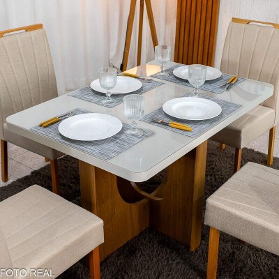Mesa de Jantar Dora 120x80 Vidro Off Base MDF Cinamomo - Valdem�veis + 4 Cadeiras Gabi Linho Bege Estrutura Madeira Bom Lar - Entregue Montada