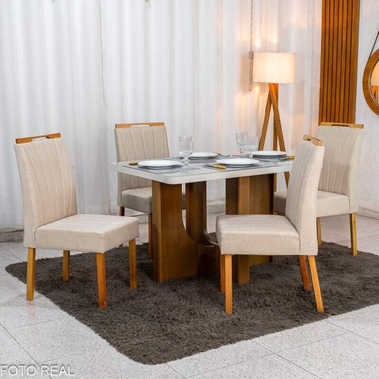 Mesa de Jantar Dora 120x80 Vidro Off Base MDF Cinamomo - Valdem�veis + 4 Cadeiras Gabi Linho Bege Estrutura Madeira Bom Lar - Entregue Montada