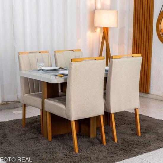Mesa de Jantar Dora 120x80 Vidro Off Base MDF Cinamomo - Valdem�veis + 4 Cadeiras Gabi Linho Bege Estrutura Madeira Bom Lar - Entregue Montada
