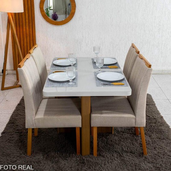 Mesa de Jantar Dora 120x80 Vidro Off Base MDF Cinamomo - Valdem�veis + 4 Cadeiras Gabi Linho Bege Estrutura Madeira Bom Lar - Entregue Montada