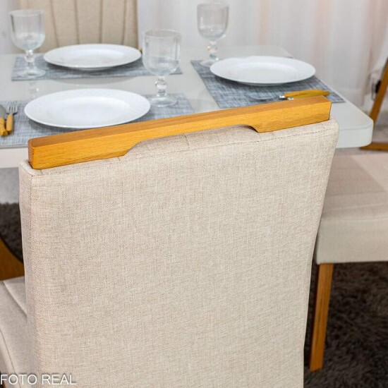 Mesa de Jantar Dora 120x80 Vidro Off Base MDF Cinamomo - Valdem�veis + 4 Cadeiras Gabi Linho Bege Estrutura Madeira Bom Lar - Entregue Montada