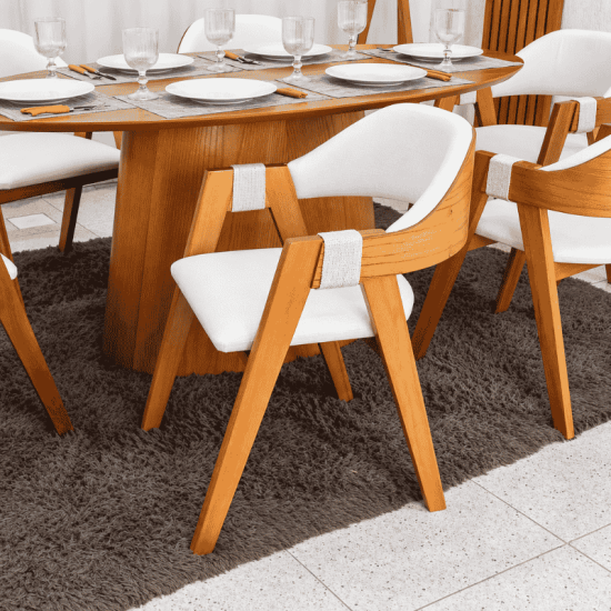Mesa de Jantar Barcelona Oval 180x90 Cinamomo + 6 Cadeiras Ravena Linho Bege Cru Estrutura Madeira - Minas Plac