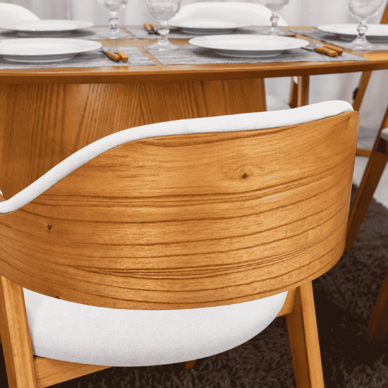 Mesa de Jantar Barcelona Oval 180x90 Cinamomo + 6 Cadeiras Ravena Linho Bege Cru Estrutura Madeira - Minas Plac