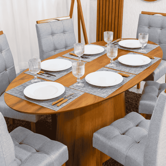 Mesa de Jantar Barcelona Oval 180x90 Cinamomo + 6 Cadeiras Londres Linho Prata Estrutura Madeira - Minas Plac