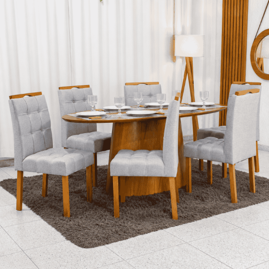 Mesa de Jantar Barcelona Oval 180x90 Cinamomo + 6 Cadeiras Londres Linho Prata Estrutura Madeira - Minas Plac