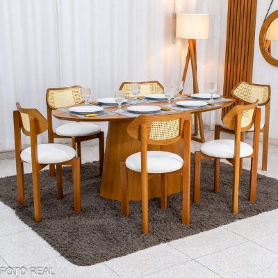 Mesa de Jantar Barcelona Oval 180x90 Cinamomo + 6 Cadeiras Munique Linho Bege Estrutura Madeira Minas Plac - Entregue Montada