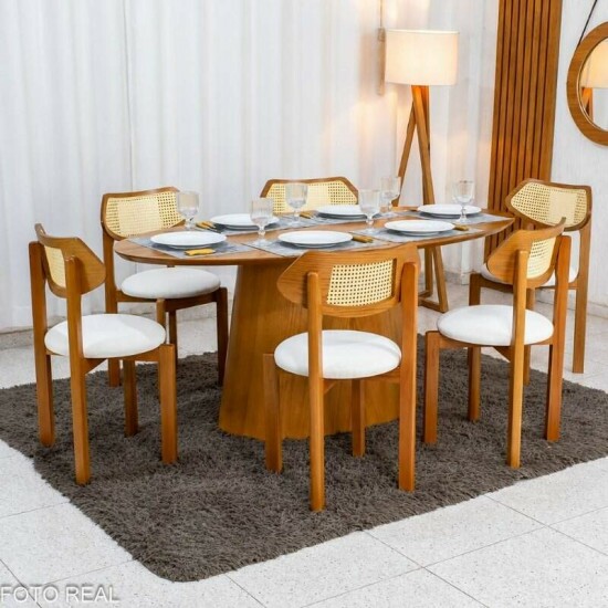 Mesa de Jantar Barcelona Oval 180x90 Cinamomo + 6 Cadeiras Munique Linho Bege Estrutura Madeira Minas Plac - Entregue Montada