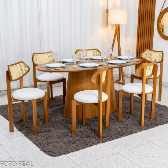 Mesa de Jantar Barcelona Oval 180x90 Cinamomo + 6 Cadeiras Munique Linho Bege Estrutura Madeira Minas Plac - Entregue Montada