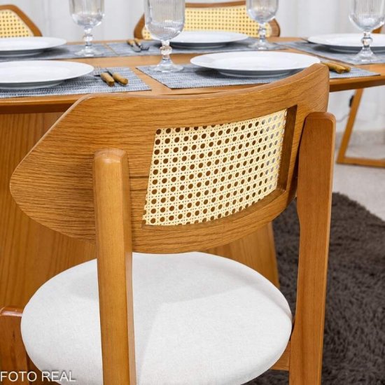 Mesa de Jantar Barcelona Oval 180x90 Cinamomo + 6 Cadeiras Munique Linho Bege Estrutura Madeira Minas Plac - Entregue Montada