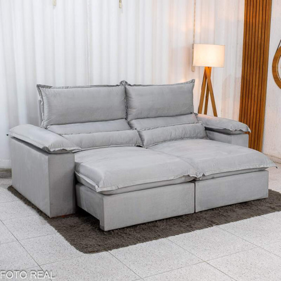 Sof� Retr�til Reclin�vel Noruega 2,30m Veludo Prata 823 - Molas Ensacadas