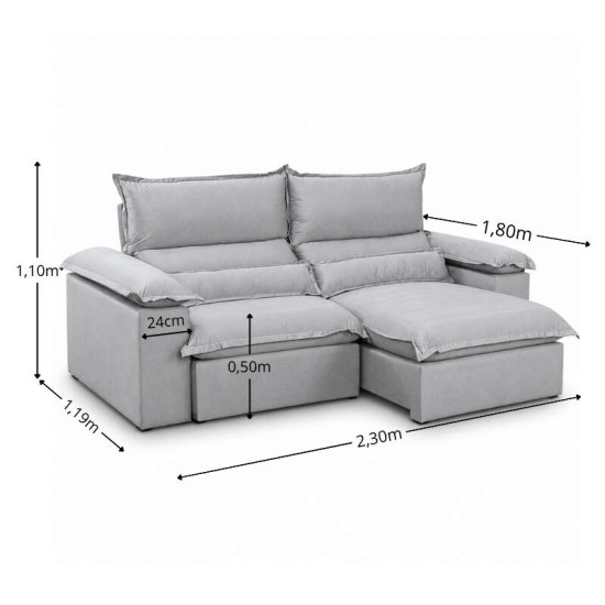 Sof� Retr�til Reclin�vel Noruega 2,30m Veludo Prata 823 - Molas Ensacadas