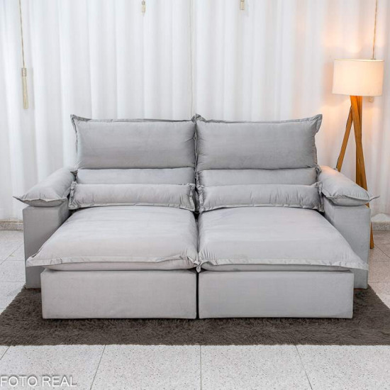 Sof� Retr�til Reclin�vel Noruega 2,30m Veludo Prata 823 - Molas Ensacadas