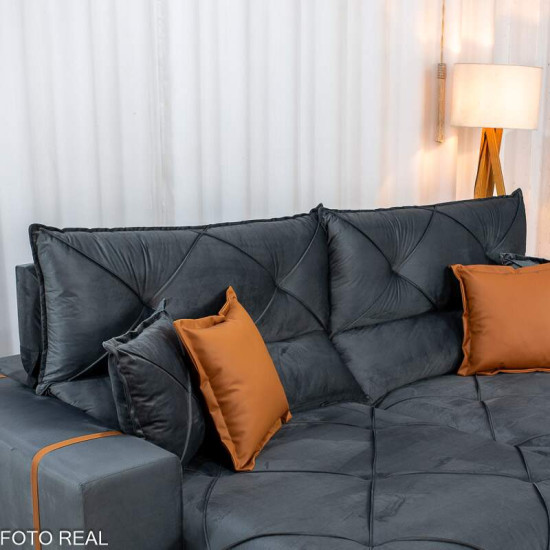 Sof� Retr�til Reclin�vel Gran Bello 2,30m Veludo Cinza 20 - Molas Ensacadas