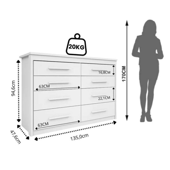 C�moda 1,35m Elegance 44 Branco 8 Gavetas - Batrol