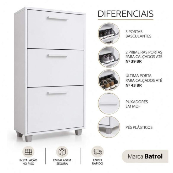 Sapateira 0,64m Advantage 44 Branco 3 Portas - Batrol