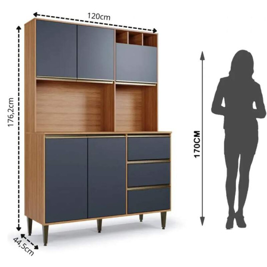 Arm�rio de Cozinha 1,20m Versatti 39 Freij�/Grafite 5 Portas 3 Gavetas - Batrol