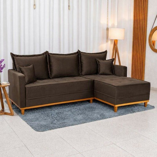 Sof� 3 Lugares Mil�o Chaise Lado Esquerdo Veludo Marrom 815 Molas Ensacadas - 2,30m