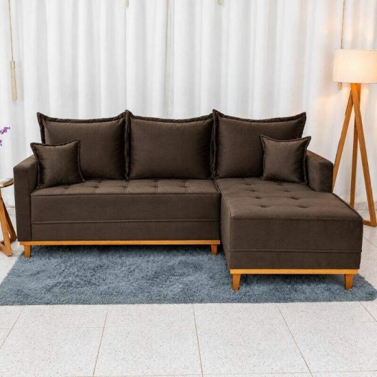 Sof� 3 Lugares Mil�o Chaise Lado Esquerdo Veludo Marrom 815 Molas Ensacadas - 2,30m