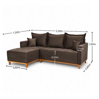 Sof� 3 Lugares Mil�o Chaise Lado Direito Veludo Marrom 815 Molas Ensacadas - 2,30m