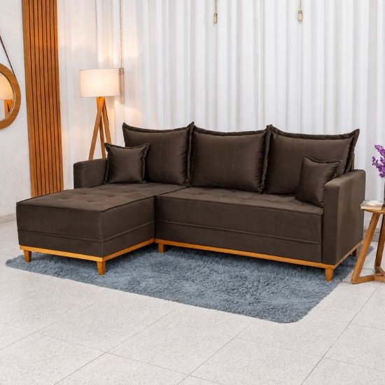 Sof� 3 Lugares Mil�o Chaise Lado Direito Veludo Marrom 815 Molas Ensacadas - 2,30m