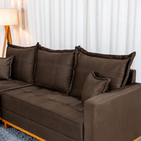 Sof� 3 Lugares Mil�o Chaise Lado Direito Veludo Marrom 815 Molas Ensacadas - 2,30m