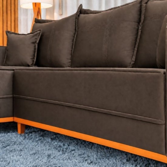 Sof� 3 Lugares Mil�o Chaise Lado Direito Veludo Marrom 815 Molas Ensacadas - 2,30m