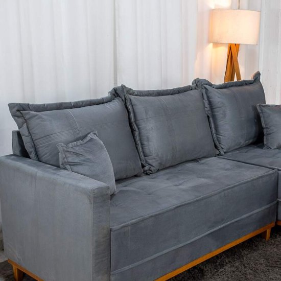 Sof� 3 Lugares Mil�o Chaise Lado Esquerdo Veludo Cinza 814 Molas Ensacadas - 2,30m