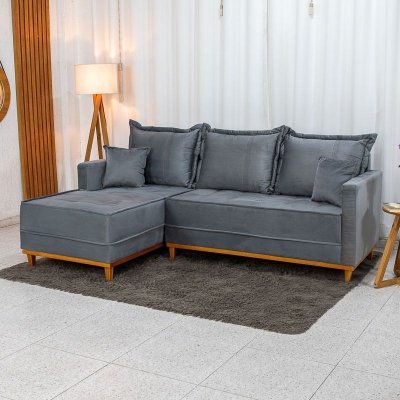 Sof� 3 Lugares Mil�o Chaise Lado Direito Veludo Cinza 814 Molas Ensacadas - 2,30m