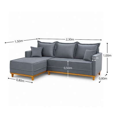 Sof� 3 Lugares Mil�o Chaise Lado Direito Veludo Cinza 814 Molas Ensacadas - 2,30m