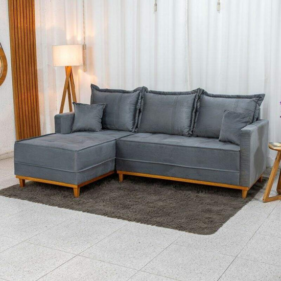 Sof� 3 Lugares Mil�o Chaise Lado Direito Veludo Cinza 814 Molas Ensacadas - 2,30m