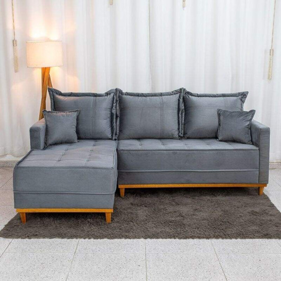 Sof� 3 Lugares Mil�o Chaise Lado Direito Veludo Cinza 814 Molas Ensacadas - 2,30m