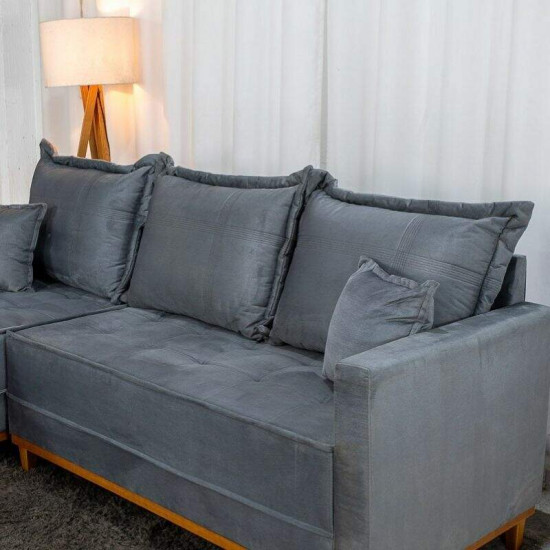 Sof� 3 Lugares Mil�o Chaise Lado Direito Veludo Cinza 814 Molas Ensacadas - 2,30m
